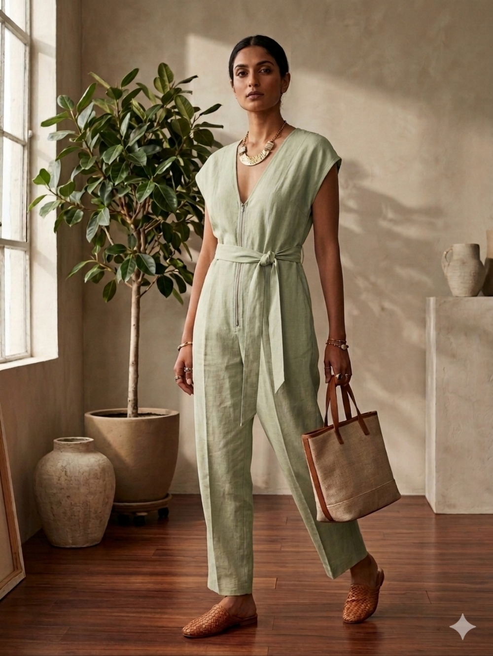 NWT Rujuta Sheth NYC Linen Cotton Surplice Jumpsuit Matcha Medium - Picture 8 of 8
